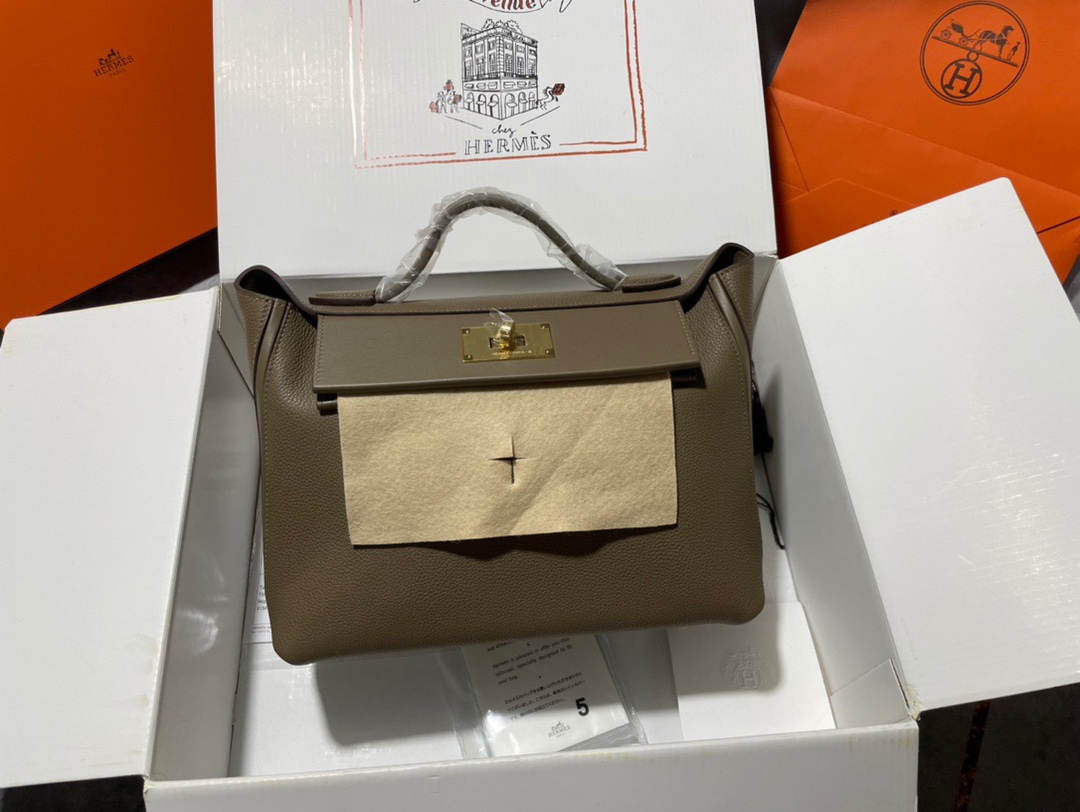 Hermes Kelly 2424 29cm Handbag in Taupe Clemence Leather